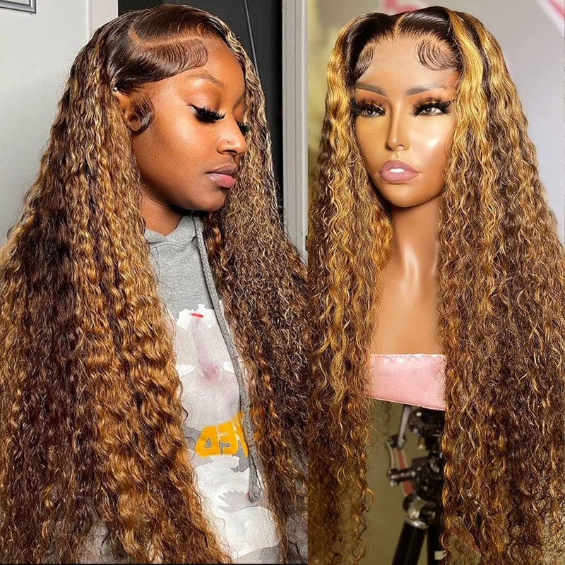 Juvid Honey Blonde Ombre Lace Front Wig Human Hair 13X6 Highlight Deep Wave Curly Human Hair Wig 427 Colored Deep Wave HD Lace Front Wigs Human Hair Pre Plucked with Baby Hair 180 Density 26 Inch