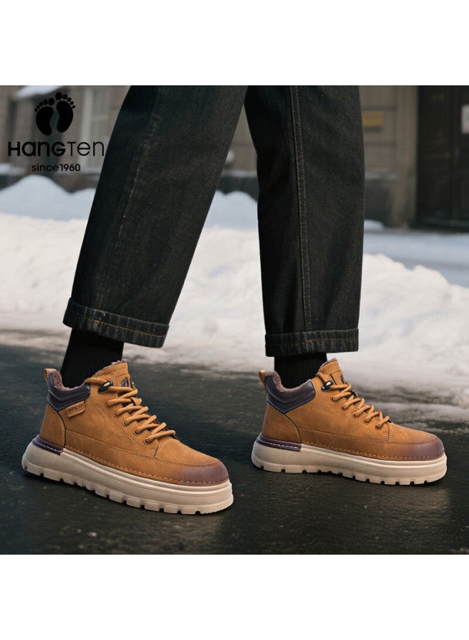 Hang Ten Fleece-lined Warm Men's Autumn Winter Work Shoes Casual Sports Boots Thick Sole Height Increasing Martin Boots Men's Sneakers