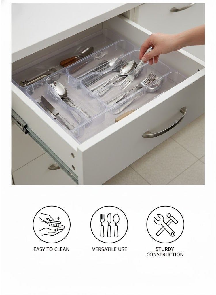 Large Clear Cutlery Drawer Organizer Tray  Multi-Compartment Plastic Utensil Storage for Kitchen Drawers  Durable & Easy-Clean Design - Image 2