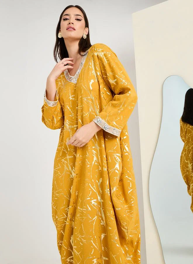 Styli Foil Print Kaftan With Sequin Trim