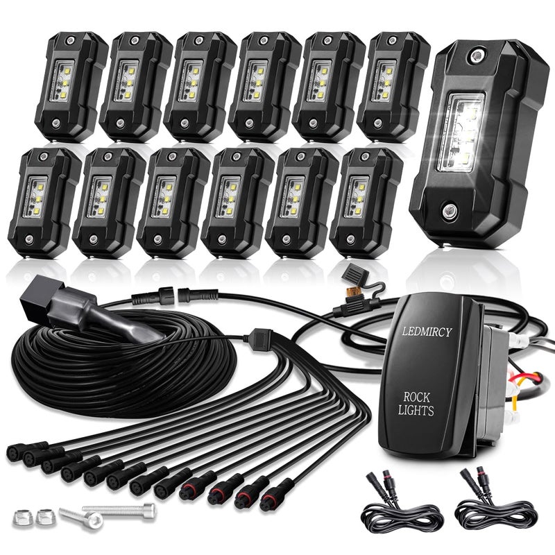LEDMIRCY R4 Pure White LED Rock Lights Kit with Roker Switch Wire Harness 12PCS Rock Lights White for Offroad Trucks ATV UTV SUV Underglow Light Trail Rig Light Under Body High Power Waterproof