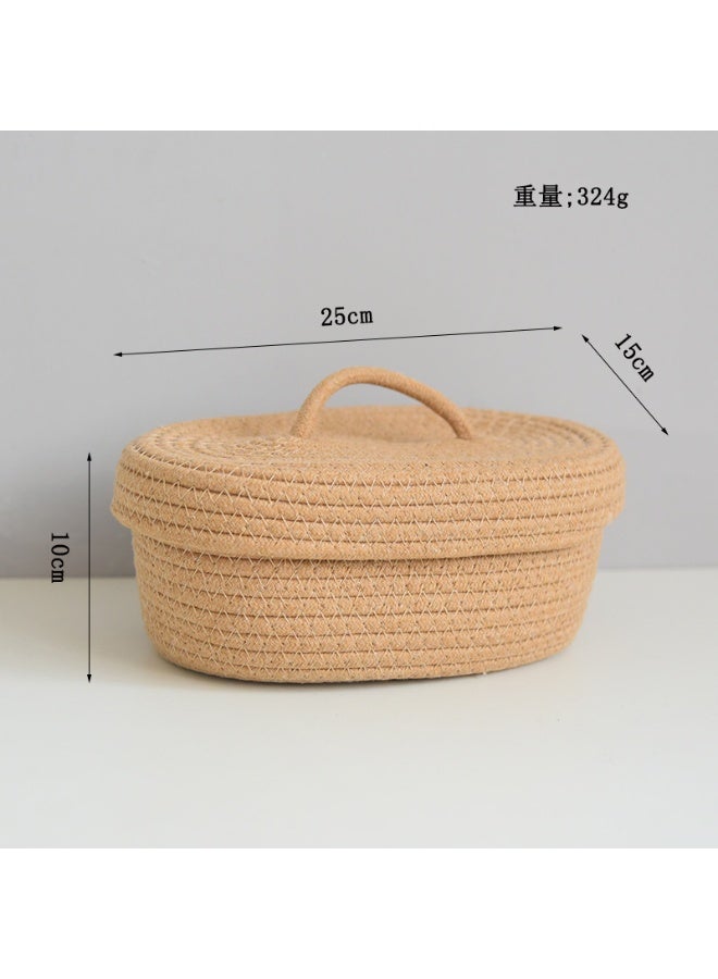 Simple desktop dustproof mobile phone sundries snack needlework oval woven storage box with lid two-piece set: white + khaki - 25*15*10CM*2 - Image 3
