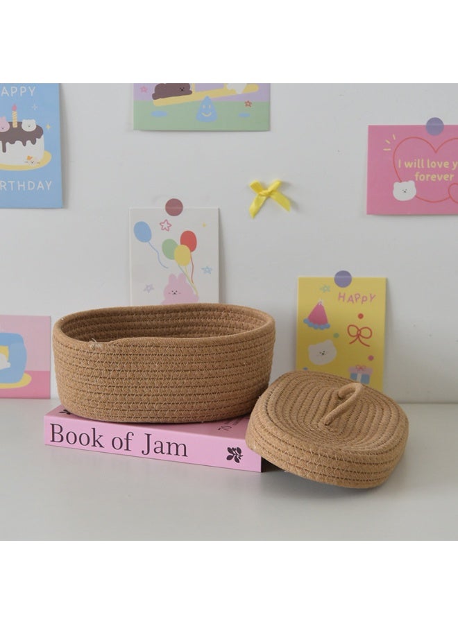 Simple desktop dustproof mobile phone sundries snack needlework oval woven storage box with lid two-piece set: white + khaki - 25*15*10CM*2 - Image 4