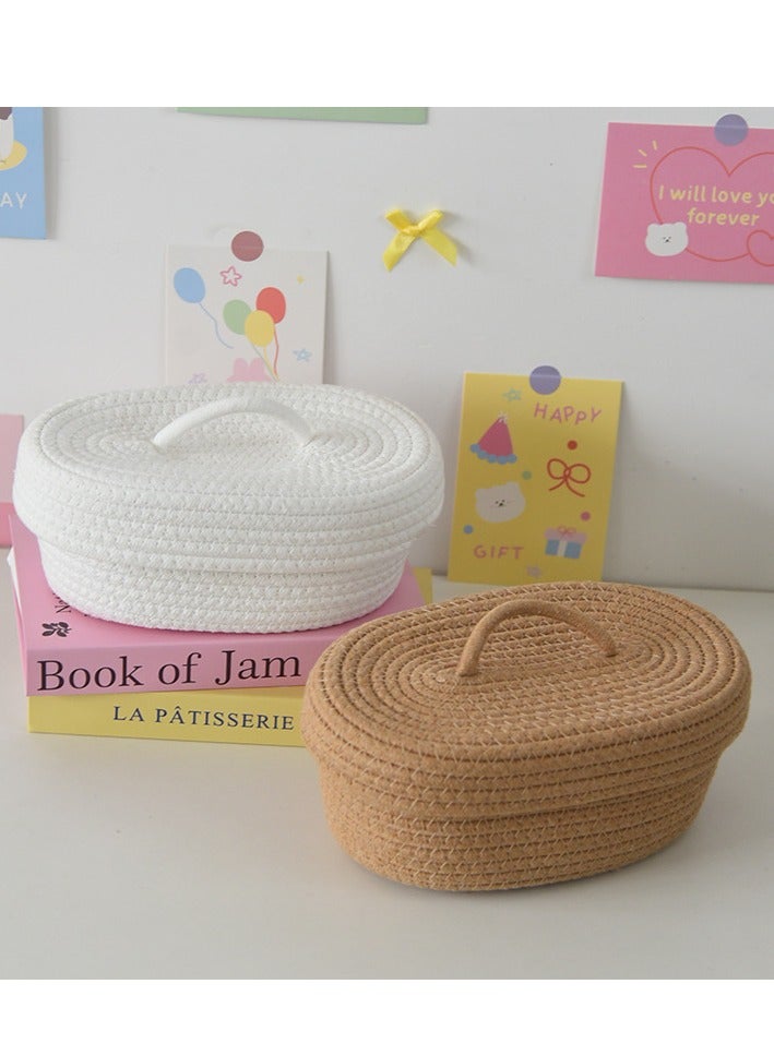 Simple desktop dustproof mobile phone sundries snack needlework oval woven storage box with lid two-piece set: white + khaki - 25*15*10CM*2 - Image 1