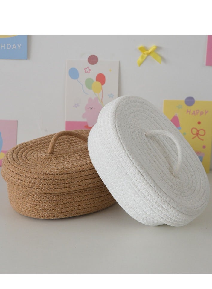 Simple desktop dustproof mobile phone sundries snack needlework oval woven storage box with lid two-piece set: white + khaki - 25*15*10CM*2 - Image 2