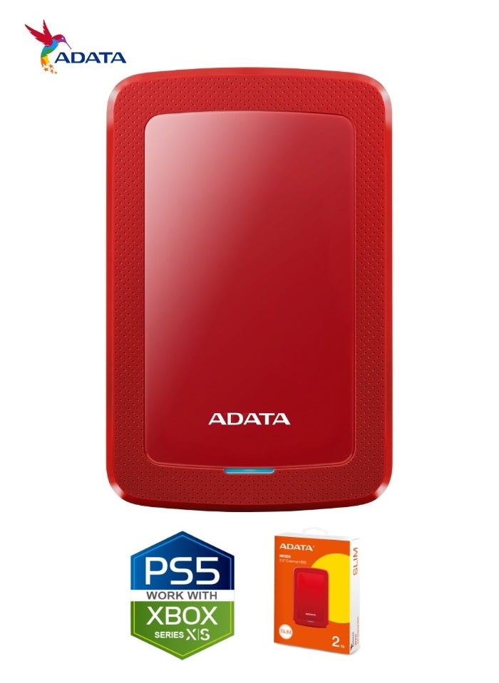 ADATA - HV300 2TB External HDD Slim Hard Drive | Compatible with PS5 XBOX for Superfast Gaming Fast Data Transfer | Red - Image 1