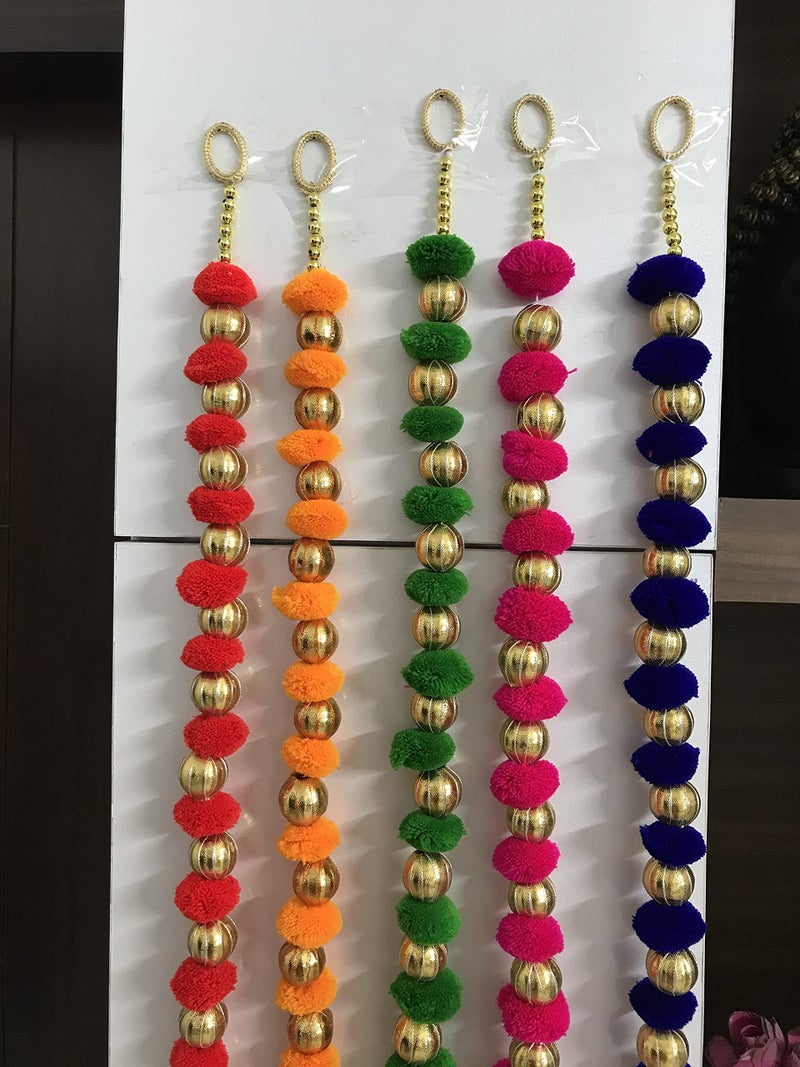 Aahum Handmade Wall Door Multi Color Pom Pom String with Gotta Ball Beads, Hanging Torans Garland Bandhanwar Decoration Item for Home Décor Diwali Festival, Navratri, Wedding (4 FT 5 Strings) - Image 2