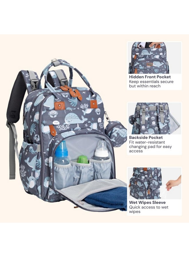 BabbleRoo Diaper Bag Backpack - Baby Essentials Travel Tote - Multi function Waterproof Diaper Bag, Travel Essentials Baby Bag with Changing Pad, Stroller Straps & Pacifier Case - Unisex, Sea Animals - Image 3