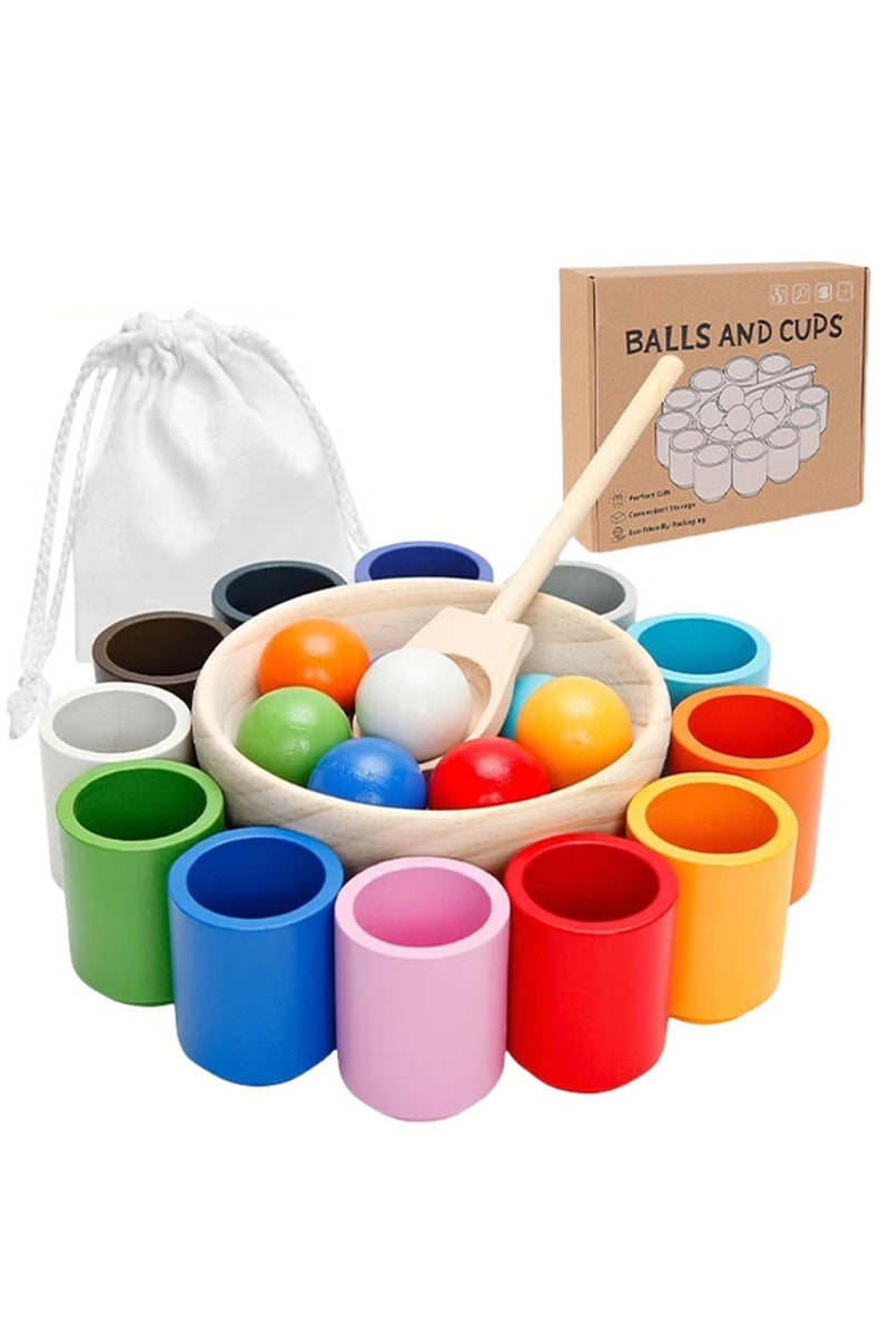 Unewshi 12 Balls Colour Sorting Toys for Toddlers, Balls in Cups Montessori Wooden Toy, Wooden Sorter Game, Wood Sensory Puzzle Toys Matching Game with Sorting Bowls for Kids Counting - Image 2