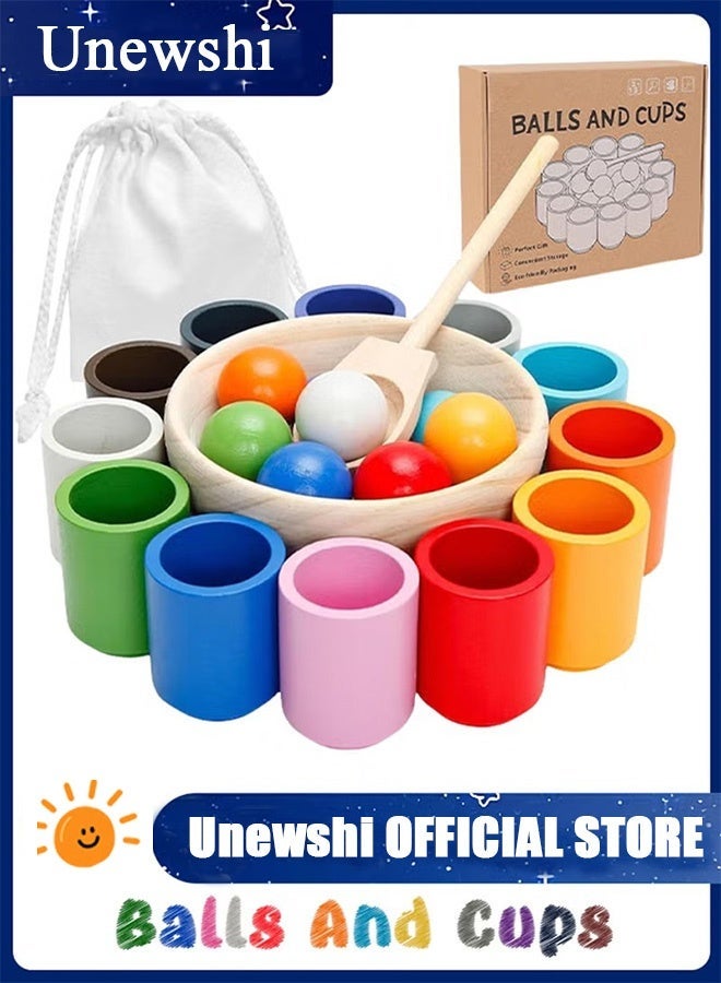 Unewshi 12 Balls Colour Sorting Toys for Toddlers, Balls in Cups Montessori Wooden Toy, Wooden Sorter Game, Wood Sensory Puzzle Toys Matching Game with Sorting Bowls for Kids Counting - Image 1