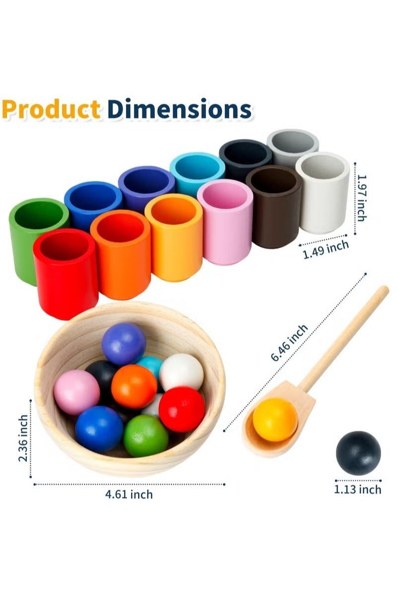 Unewshi 12 Balls Colour Sorting Toys for Toddlers, Balls in Cups Montessori Wooden Toy, Wooden Sorter Game, Wood Sensory Puzzle Toys Matching Game with Sorting Bowls for Kids Counting - Image 3