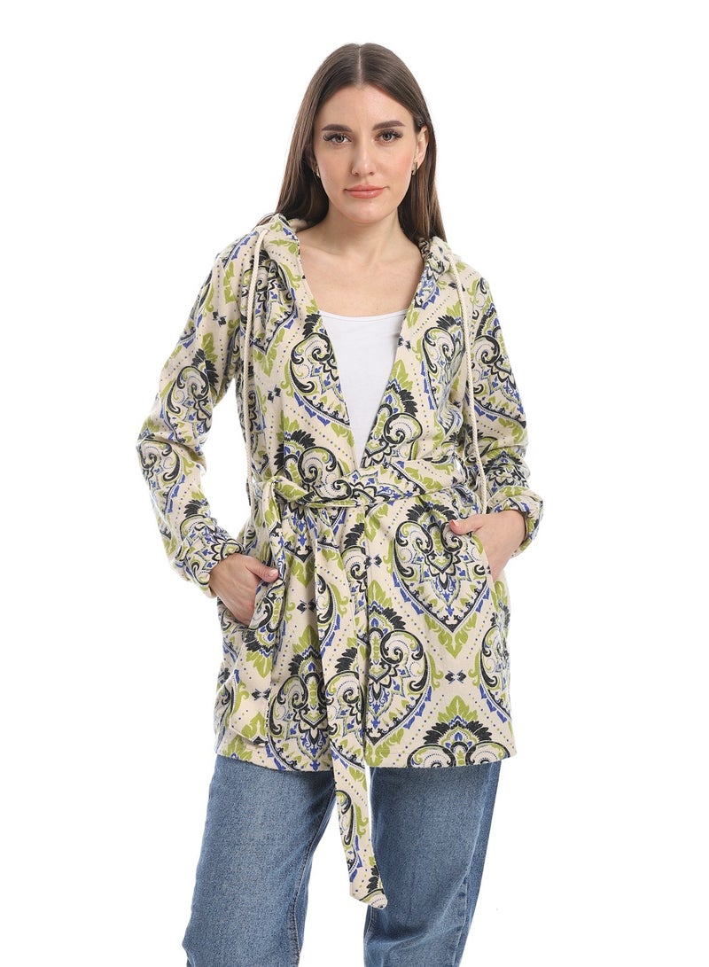 Andora Hooded Patterned Fleece Plaid Wrap Cardigan _Beige & Green - Image 1