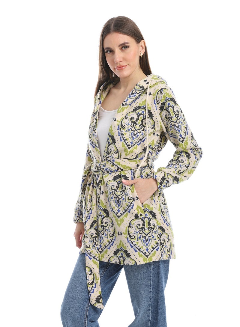 Andora Hooded Patterned Fleece Plaid Wrap Cardigan _Beige & Green - Image 2