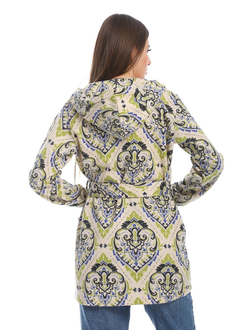 Andora Hooded Patterned Fleece Plaid Wrap Cardigan _Beige & Green - Image 3