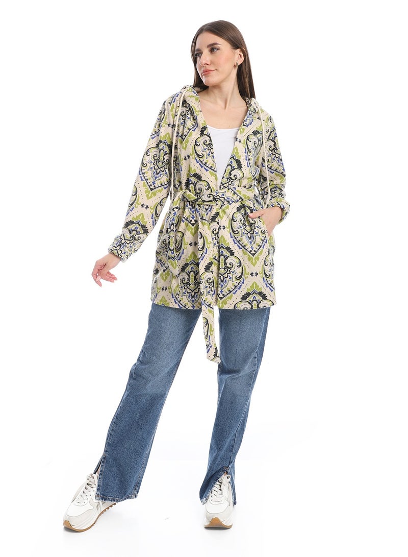 Andora Hooded Patterned Fleece Plaid Wrap Cardigan _Beige & Green - Image 5