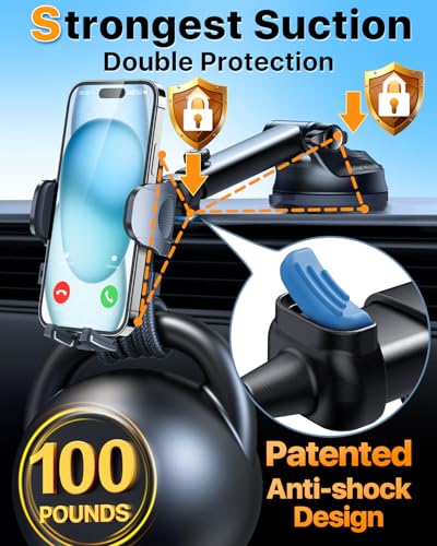 HTU 2026 Ultimate Best【True Military-Grade & Safety Cert】Car Phone Holder【Upgraded 360 Rotation & 100+LBS Strongest Suction】5-in-1 Truck Windshield Dashboard Vent Mount Stand for iPhone Android, Blue - Image 3
