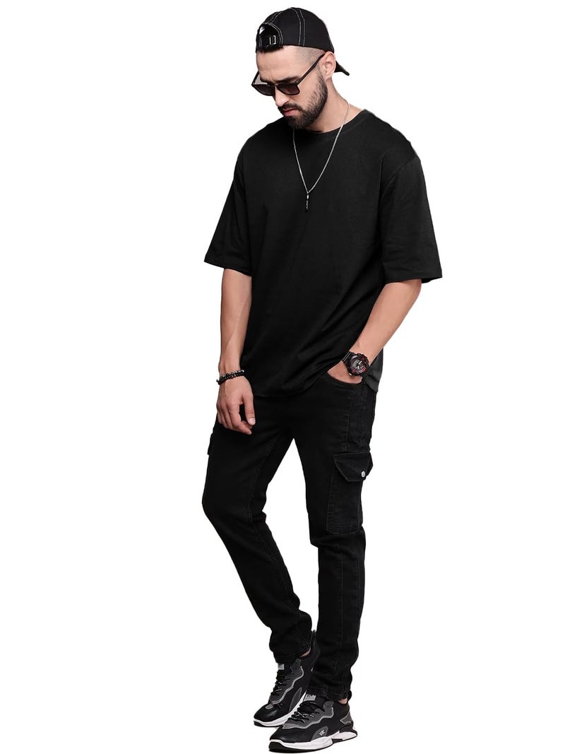 LEOTUDE Men's Oversized Half Sleeve Round Neck Cottonblend Tshirt (FS49_Plain_OVR_P_Black_M) - Image 5