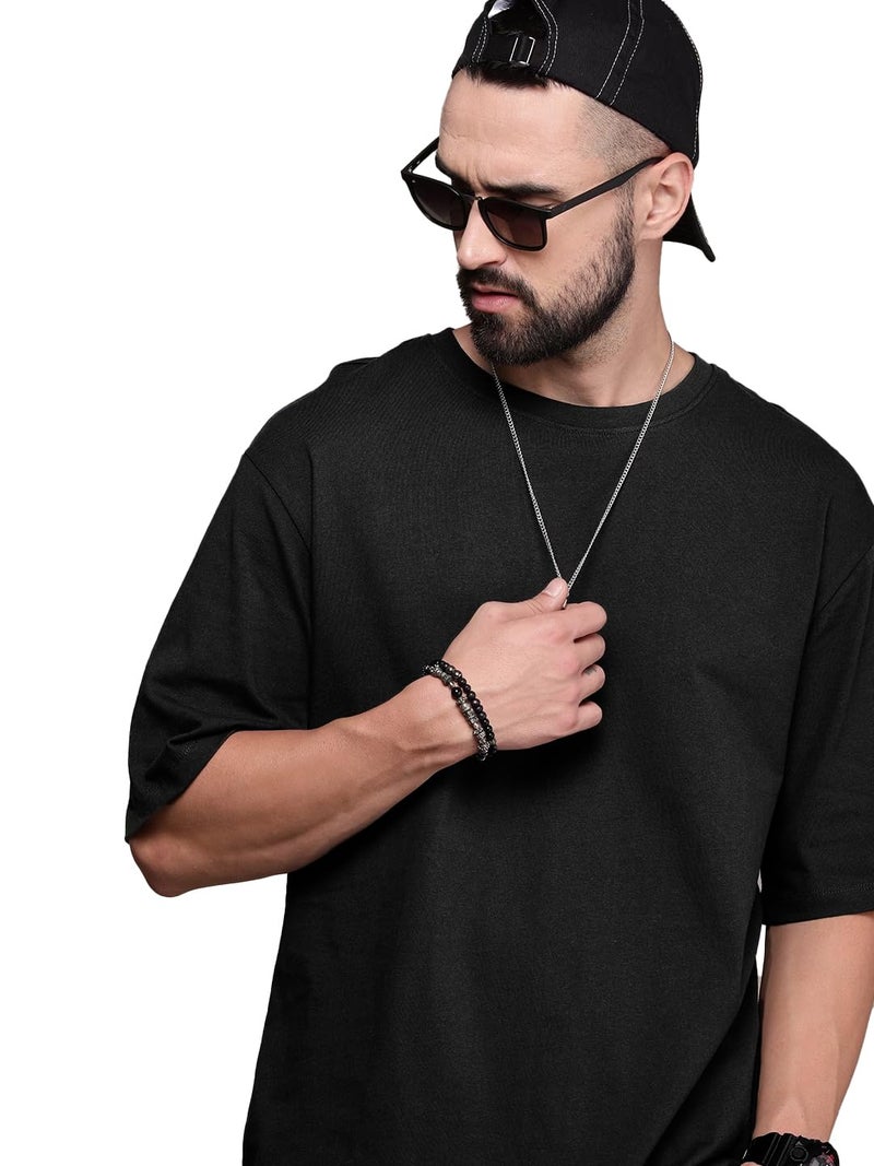 LEOTUDE Men's Oversized Half Sleeve Round Neck Cottonblend Tshirt (FS49_Plain_OVR_P_Black_M) - Image 2