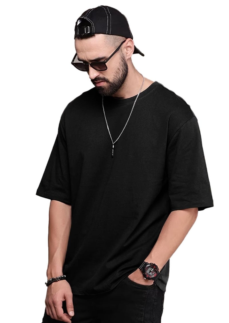 LEOTUDE Men's Oversized Half Sleeve Round Neck Cottonblend Tshirt (FS49_Plain_OVR_P_Black_M) - Image 1