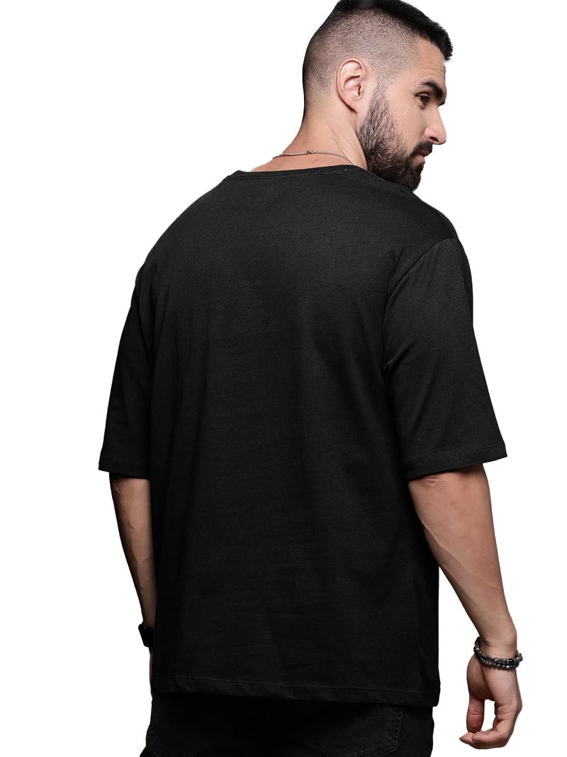 LEOTUDE Men's Oversized Half Sleeve Round Neck Cottonblend Tshirt (FS49_Plain_OVR_P_Black_M) - Image 4