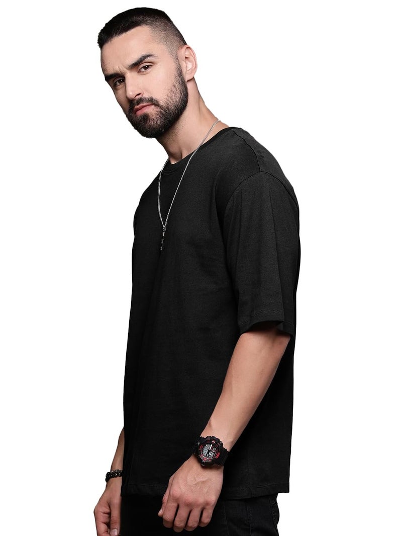 LEOTUDE Men's Oversized Half Sleeve Round Neck Cottonblend Tshirt (FS49_Plain_OVR_P_Black_M) - Image 3