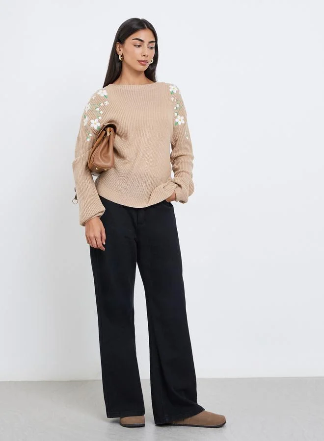 Styli Styli Beige Floral Embroidered Chunky Knit Sweater