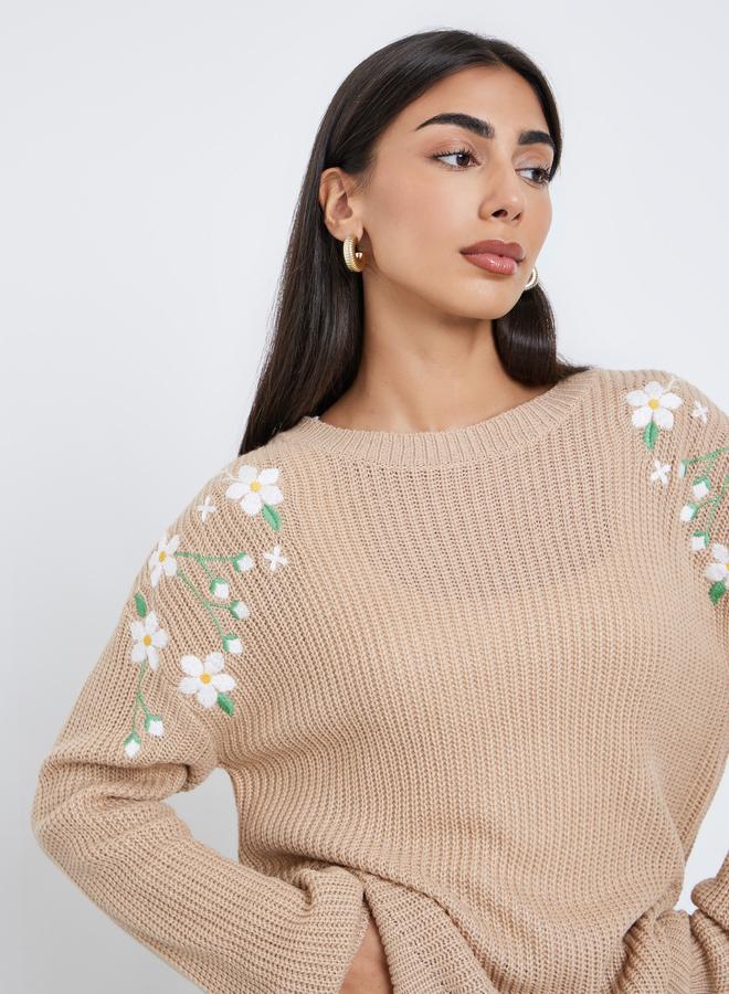 Styli Beige Floral Embroidered Chunky Knit Sweater - Image 1