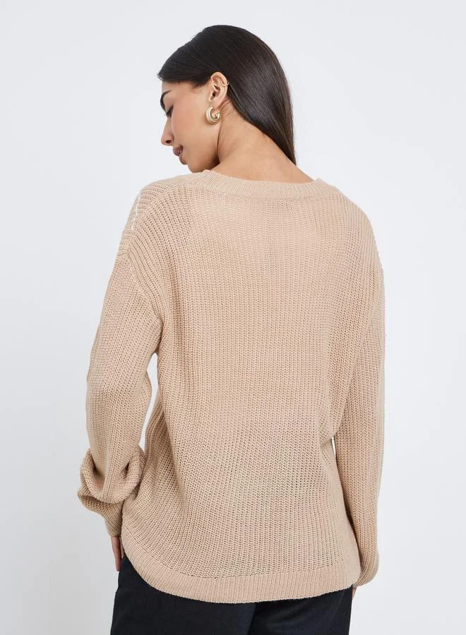Styli Styli Beige Floral Embroidered Chunky Knit Sweater