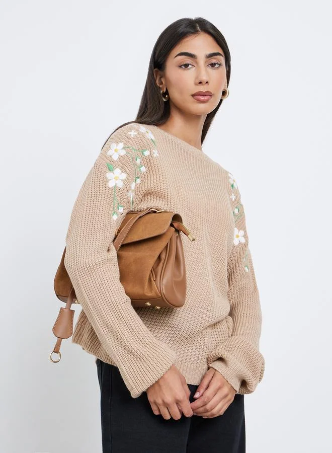 Styli Styli Beige Floral Embroidered Chunky Knit Sweater