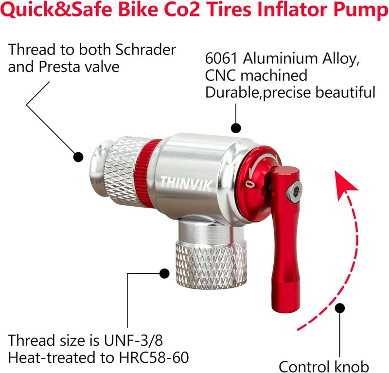 Thinvik Co2 Inflator/4 x16g Co2 Cartridges Inflator Kit/12x16g cartridges for Presta & Schrader Valve Co2 Bike Pump for Road/Mountain Bikes with Insulated Sleeve - Image 5