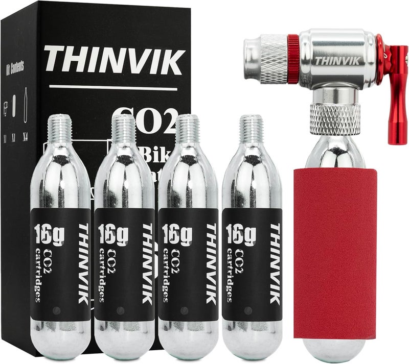 Thinvik Co2 Inflator/4 x16g Co2 Cartridges Inflator Kit/12x16g cartridges for Presta & Schrader Valve Co2 Bike Pump for Road/Mountain Bikes with Insulated Sleeve - Image 1