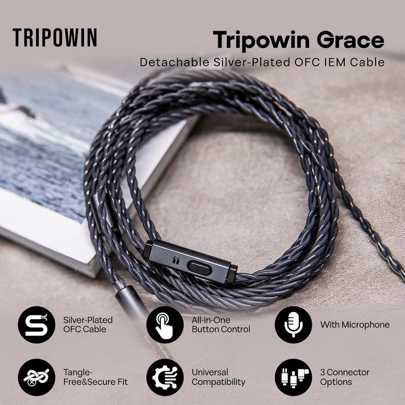 Linsoul Tripowin Grace Detachable Silver-Plated Oxygen Free Copper OFC Earphone Cable with Microphone, 3.5mm 2Pin Connector - Image 2
