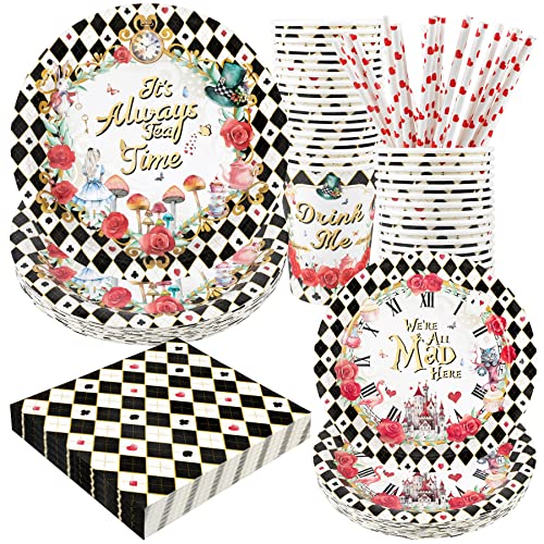 Recheel Alice Tea Party Decorations - Baby Shower Paper Plates, Napkins, Cups & Straws for 24 Guests, 120 Pcs Disposable Party Dessert Dinnerware - Image 1