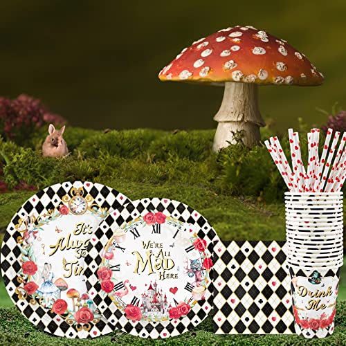 Recheel Alice Tea Party Decorations - Baby Shower Paper Plates, Napkins, Cups & Straws for 24 Guests, 120 Pcs Disposable Party Dessert Dinnerware - Image 3