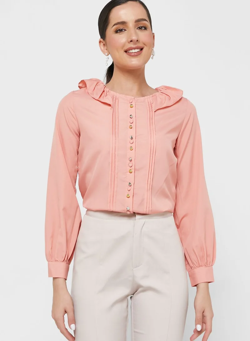 ELLA Ruffle Neck Pleat Detail Top