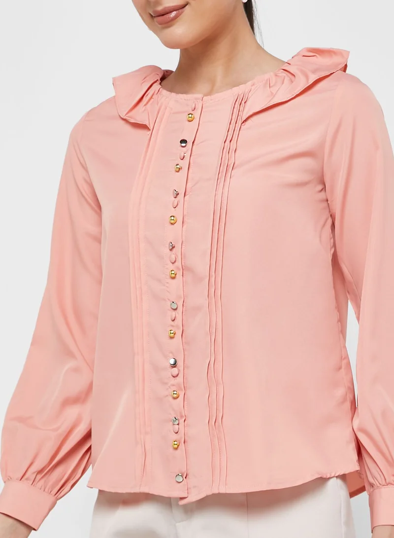 ELLA Ruffle Neck Pleat Detail Top