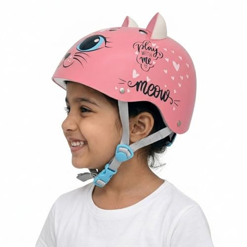 STREETJAM Kids Cycle Helmet Kitty Cat Open Face, Hard PP Outer Shell, EPS Inner Comfort Liner case, Adjustable Strap with Adjuster Dial, Skating, Sports (5-8 Years, Pink) - Image 1