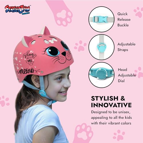 STREETJAM Kids Cycle Helmet Kitty Cat Open Face, Hard PP Outer Shell, EPS Inner Comfort Liner case, Adjustable Strap with Adjuster Dial, Skating, Sports (5-8 Years, Pink) - Image 3