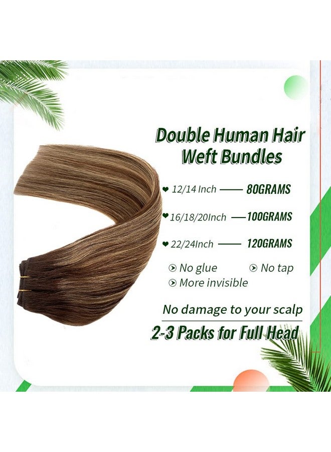 Valiilo Human Hair Wefts Sew in Hair Extensions, Brown with Blonde Highlights Human Hair Bundles Ombre Weft Hair Extensions, Real Human Sew in Hair Extensions, Weft Human Hair Hand Tied 14inch 80g - Image 3