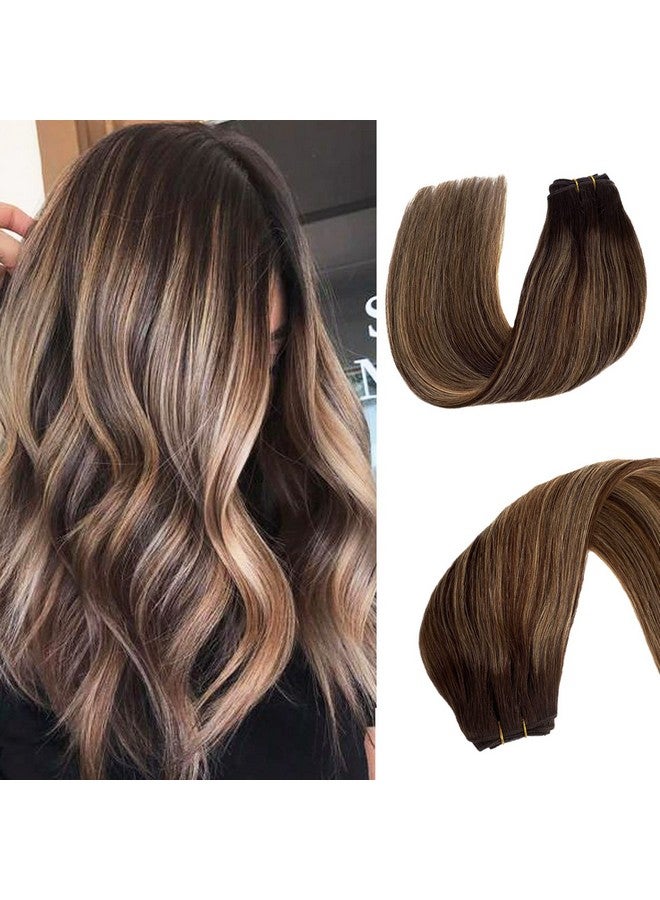 Valiilo Human Hair Wefts Sew in Hair Extensions, Brown with Blonde Highlights Human Hair Bundles Ombre Weft Hair Extensions, Real Human Sew in Hair Extensions, Weft Human Hair Hand Tied 14inch 80g - Image 1