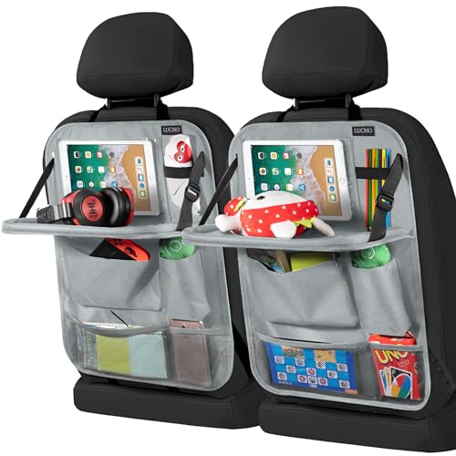 LUCMO Car Backseat Organizer with Tablet Holder-2 Pcs,6 Storage Pockets Car Storage Organizer with Foldable Food Tray Protectors Kick Mats Travel Accessories-Grey - Image 1