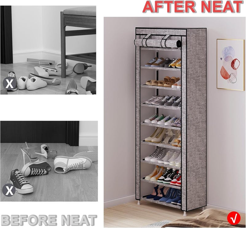 Calmootey 9 Tier Shoe Rack Organizer,Portable Shoe Shelf with Nonwoven Fabric Cover for Closet Hallway,Bedroom,Entryway, Ash Grey - Image 5
