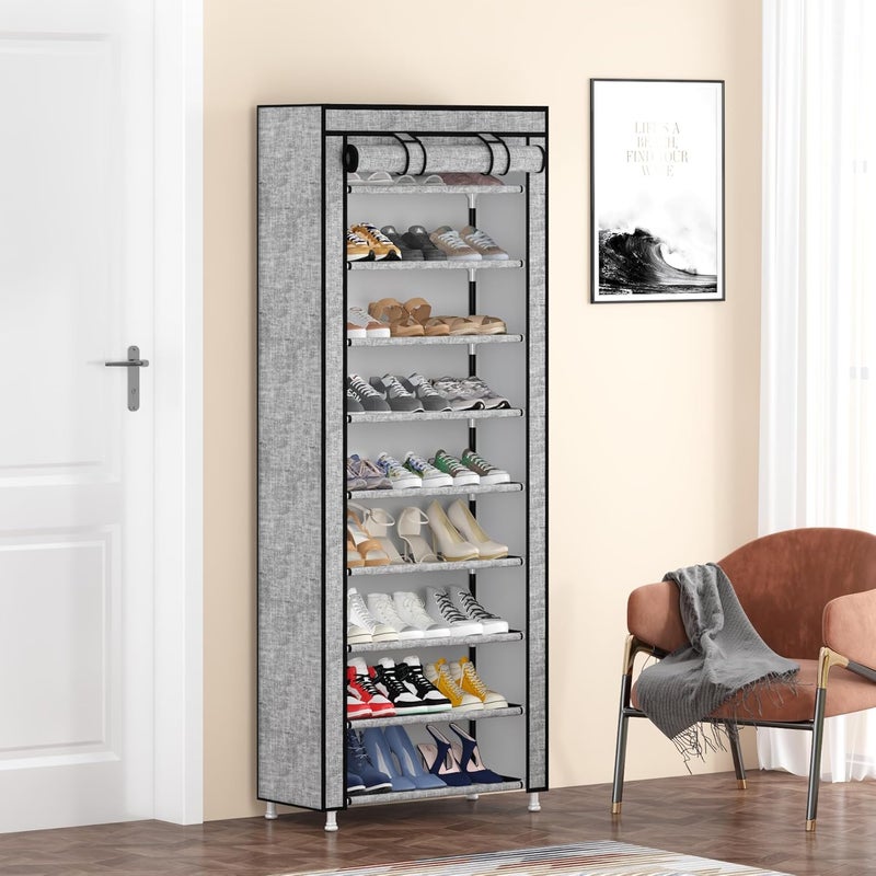 Calmootey 9 Tier Shoe Rack Organizer,Portable Shoe Shelf with Nonwoven Fabric Cover for Closet Hallway,Bedroom,Entryway, Ash Grey - Image 1