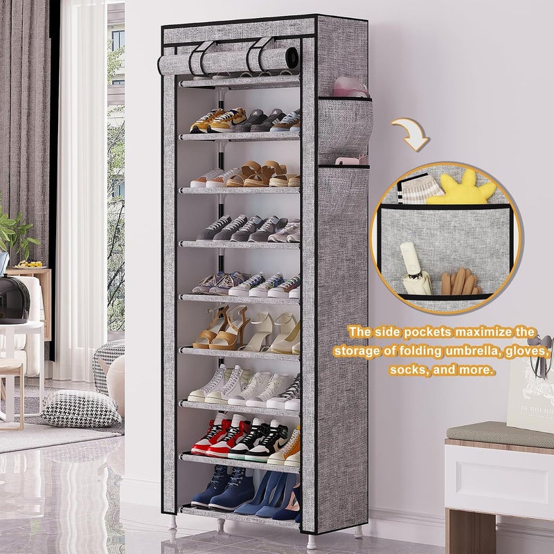 Calmootey 9 Tier Shoe Rack Organizer,Portable Shoe Shelf with Nonwoven Fabric Cover for Closet Hallway,Bedroom,Entryway, Ash Grey - Image 3
