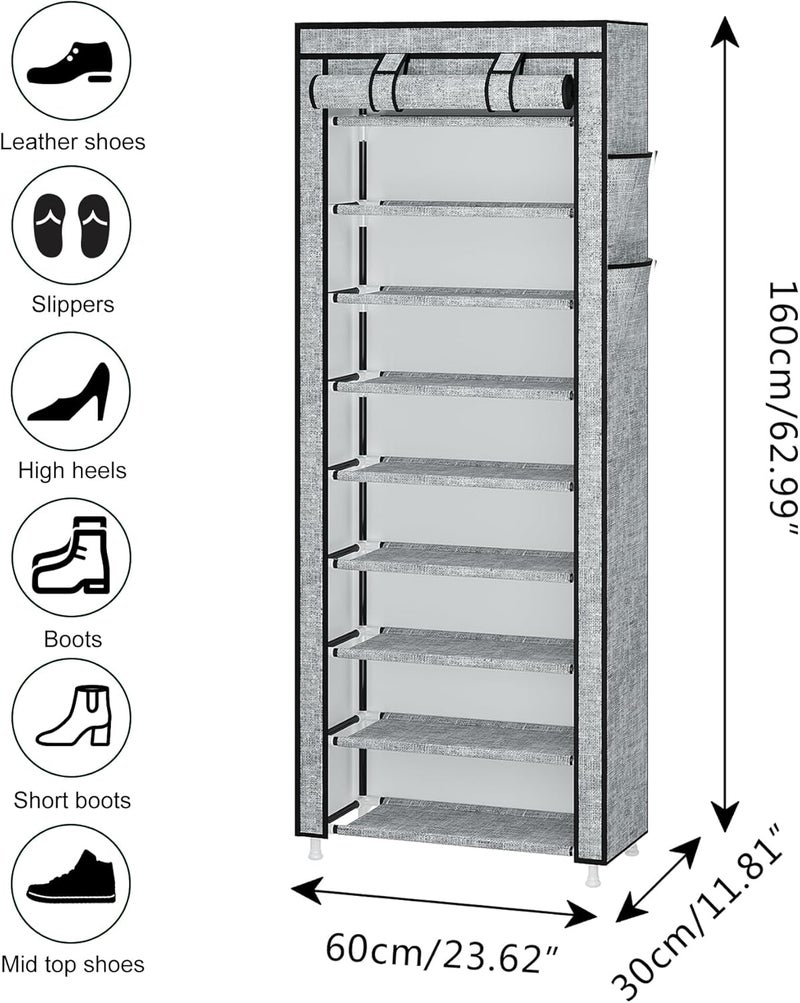 Calmootey 9 Tier Shoe Rack Organizer,Portable Shoe Shelf with Nonwoven Fabric Cover for Closet Hallway,Bedroom,Entryway, Ash Grey - Image 2