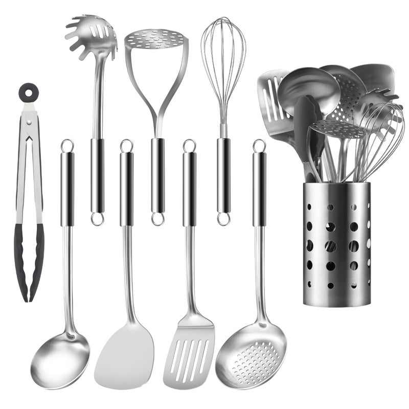 Pleafind Stainless Steel Cooking Utensils Set 9 Pcs Heat Resistant Kitchen Utensils Set Nonstick Kitchen Tools Set With Utensil Holder Metal Spatula Set for Chef Dishwasher Safe