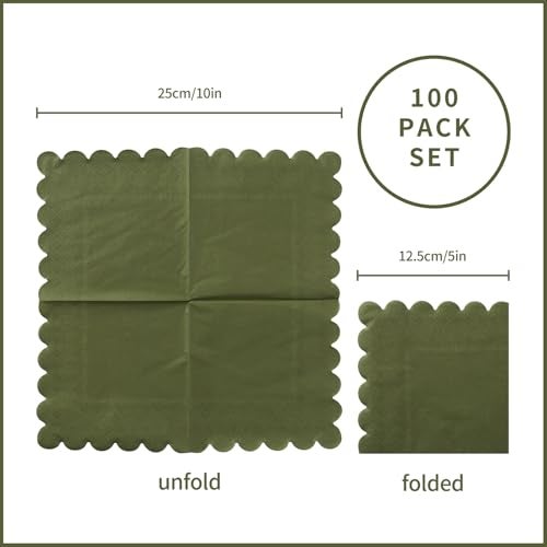 BEFORYOU 100 Pack Cocktail Napkin 2Ply Scalloped Edged Dessert Napkins Folded 5 x 5 Inches Disposable Napkins for Dinner Wedding Birthday Party Bridal Anniversary Reception Event Green - Image 5