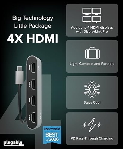 Plugable USB C to Quad HDMI 4K Adapter with 100W PD Pass-Though Power Delivery for Windows, Mac M1/M2/M3/M4, Thunderbolt, and USB-C Laptops | TAA, DisplayLink Pro, Driver Required (USBC-7400H4) - Image 3