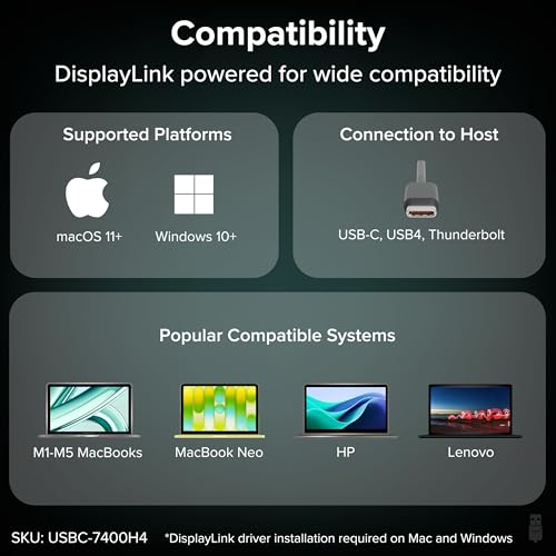 Plugable USB C to Quad HDMI 4K Adapter with 100W PD Pass-Though Power Delivery for Windows, Mac M1/M2/M3/M4, Thunderbolt, and USB-C Laptops | TAA, DisplayLink Pro, Driver Required (USBC-7400H4) - Image 5