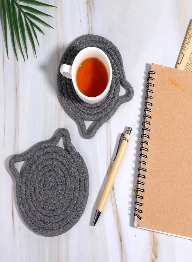 Exircy 2 PCS Cute Coasters, Absorbent Fabric Mug Pads Cat Ear Shape Large Size Coasters for Drinks Handmade Braided Cotton Coaster for Wooden Table Tabletop Protection, Home Decor (Grey) - Image 3